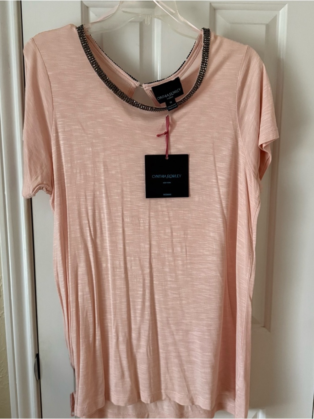Cynthia Rowley Blush Pink Short Sleeve Top with Beaded Neckline